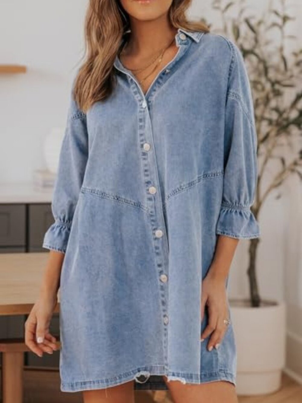 Womens Smocked 3 4 Sleeve Button Down Denim Jeans Dresses - Picture 4 of 6